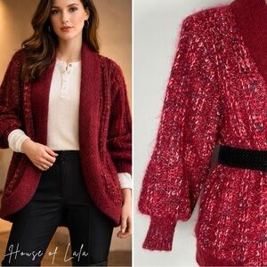 Burgundy mohair puff sleeve open front jacket